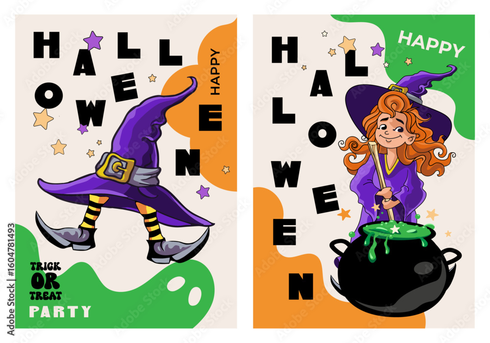 Obraz premium halloween witch hat and witch with potion set of posters, cards, banner, cover, autumn eve, template, hand drawn creative vertical vector illustration