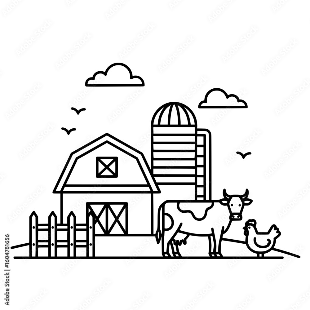 Naklejka premium Farm landscape with barn, silo, cow, chicken and rural elements line art