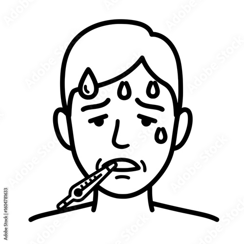 Sick man with fever thermometer and sweating face lineart style icon