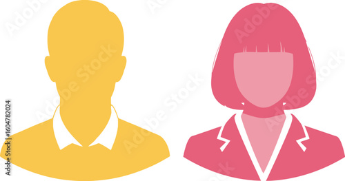Two faceless figures one yellow male and one pink female on a white background design