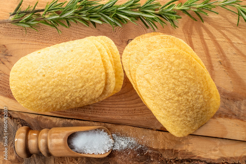 Crispy potato chips, top view, macro.