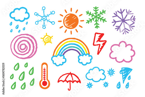 Weather Icons: A vibrant collection of hand-drawn weather icons, perfect for conveying meteorological concepts. Each icon is rendered with bold colors and a playful, whimsical style.