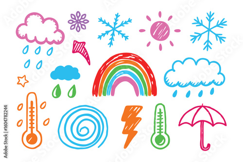 Weather Icon Set: A vibrant collection of hand-drawn weather icons, each with its unique charm, providing a whimsical overview of various weather phenomena and elements.