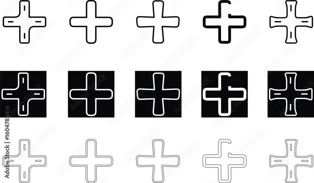 Obraz premium Bold Plus Sign Icon Set – Inverse and Filled Medical Crosses for Emergency UI, Hospital, and Health Branding