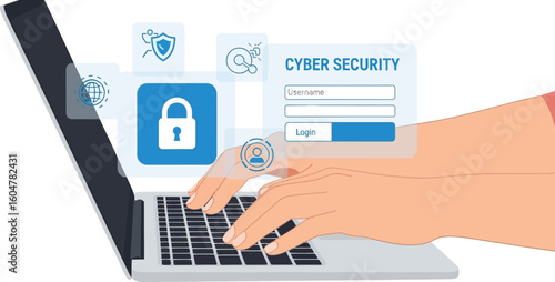 Hands typing on a laptop with cyber security login screen and security icons overlayed