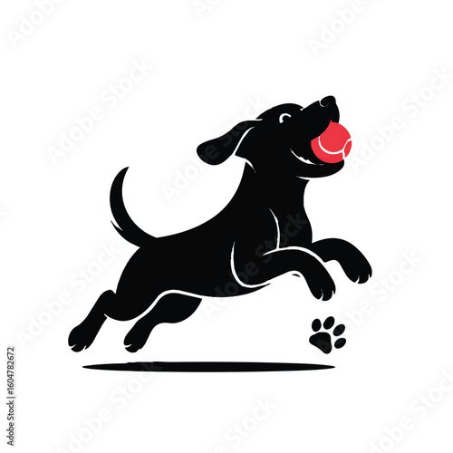 Energetic black labrador dog in mid air happily catching a red ball with its mouth playing outdoors