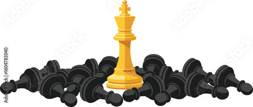 A golden chess king standing tall amidst fallen black pawns on a white background scene