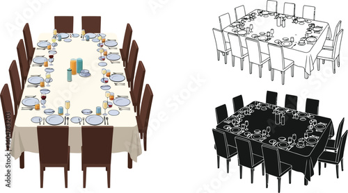 Square table setting for formal dinner party with chairs and place settings