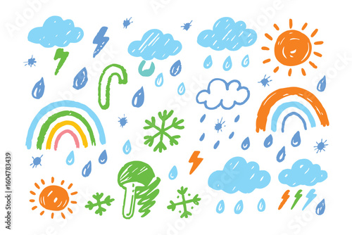 Colorful Weather Doodle: A whimsical illustration of various weather elements, including sun, clouds, rain, snowflakes, and rainbows, all rendered in a playful, hand-drawn style. 