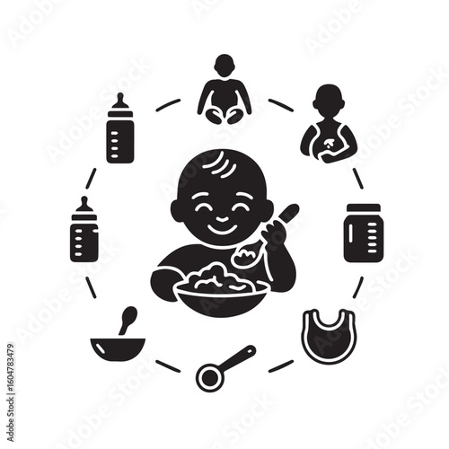 Happy baby eating solid food from bowl with spoon surrounded by baby care icons symbolizing feeding and nourishment