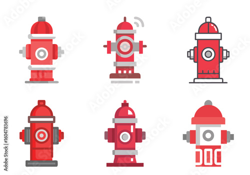 Collection of six stylized red and grey fire hydrants on a white background