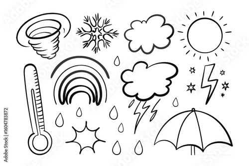 Weather Icons: A collection of hand-drawn weather icons, providing a simple and illustrative representation of atmospheric elements and climatic conditions. 
