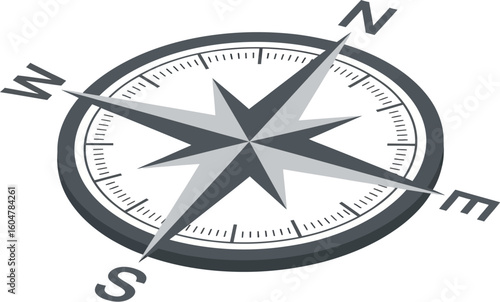 Illustration of a compass rose with cardinal directions on a white background view from above