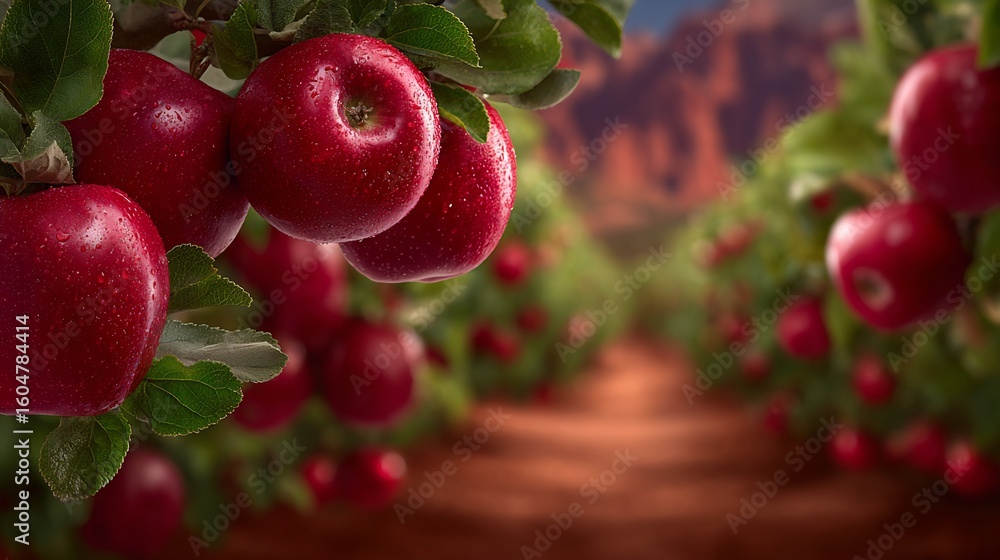 Obraz premium Juicy Red Apples in Orchard at Sunset