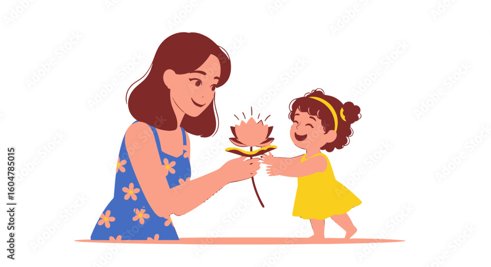 Mother and daughter with lotus, featuring dress, child, isolated, happiness, and includes blossom, blue, sharing, cartoon. Mother and daughter with lotus, featuring dress, child, isolated, happiness, and includes blossom, blue, sharing, cartoon.