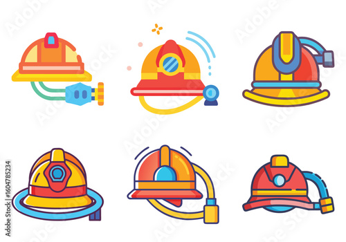 Collection of Cartoon Firefighter Helmets, Equipment, and Safety Gear for Emergency Responders