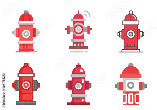Collection of six stylized red and grey fire hydrants on a white background