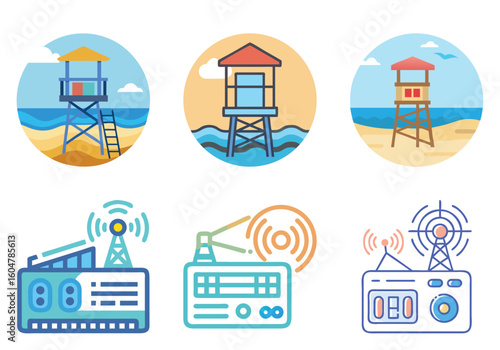 Illustrations of lifeguard stations on the beach and vintage radio receivers