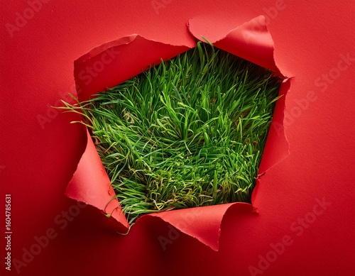 torn red paper revealing green grass underneath symbolizing hidden nature