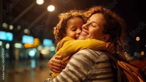 Woman holding child in warm hug at airport arrivals, child's arms wrapped tightly around her neck.