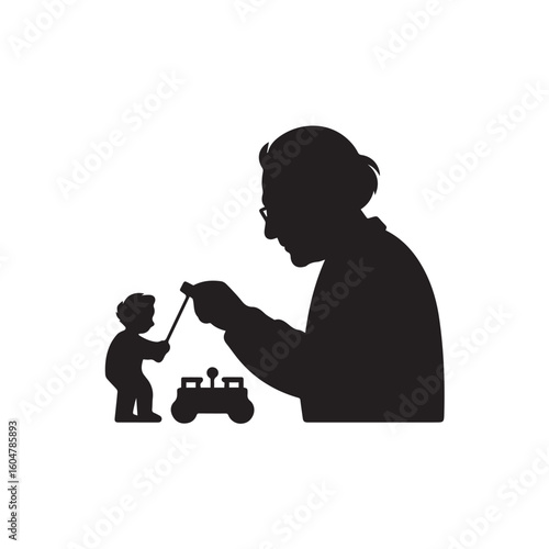 Silhouette of a grandmother and grandchild playing together with a toy car and a stick on a white background