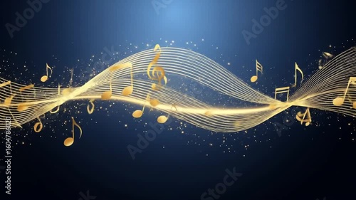 Golden Musical Notes Flowing on Blue Background Displaying Artistic Wave Composition