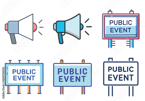 Illustration of Megaphones and Public Event Signs in Various Designs and Colors