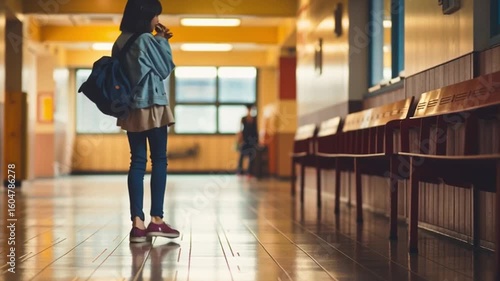 Elementary School Girl Walking Alone in a Quiet Hallway After Class.Generative AI