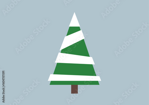 Minimal Flat Christmas Tree with Snow Stripes on Blue Background. Simple flat-style Christmas tree illustration with green and white snow layers on a blue background, ideal for holiday designs.