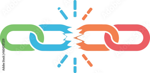 A colorful chain link illustration with a broken link in the middle on white background