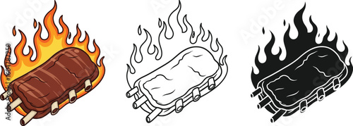 Delicious barbecue ribs with flames vector illustration set for bbq lovers