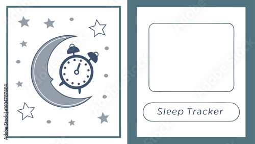 A whimsical illustration of a crescent moon with an alarm clock and stars next to a blank sleep tracker template