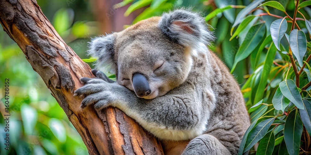 Fototapeta premium Cute baby koala sitting on a eucalyptus tree branch in the wild