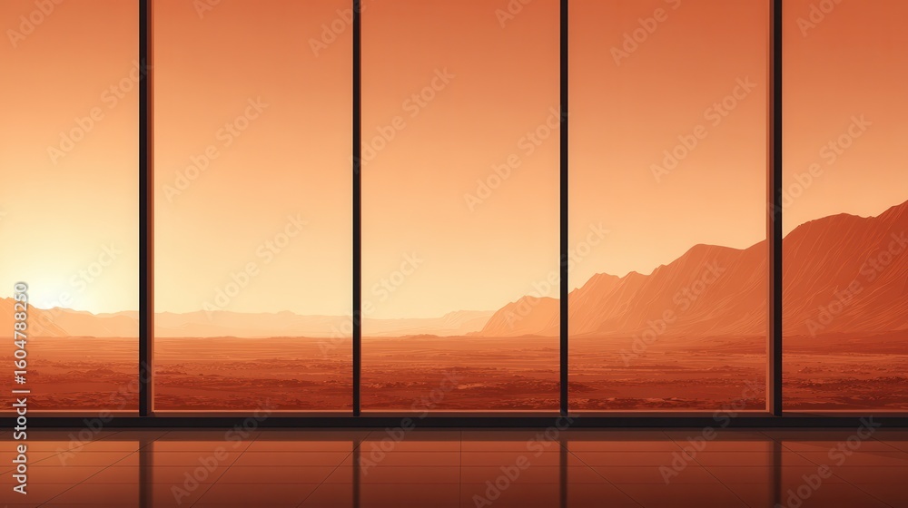Fototapeta premium Panoramic view of martian landscape through large windows at sunset.