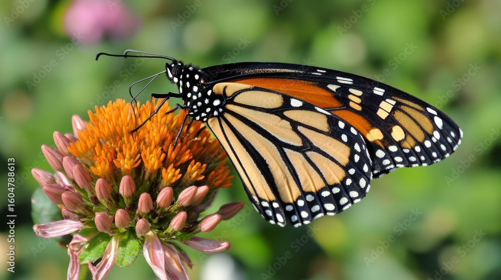Naklejka premium Close-up of a colorful butterfly feeding on a bright wildflower in a sunny meadow with soft natural green background, symbol of pollination and biodiversity in nature