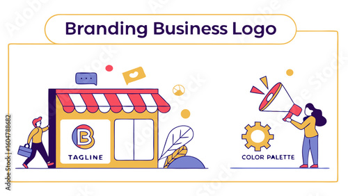 Illustrative scene depicting key elements of business branding and marketing strategy with a shopfront and megaphone