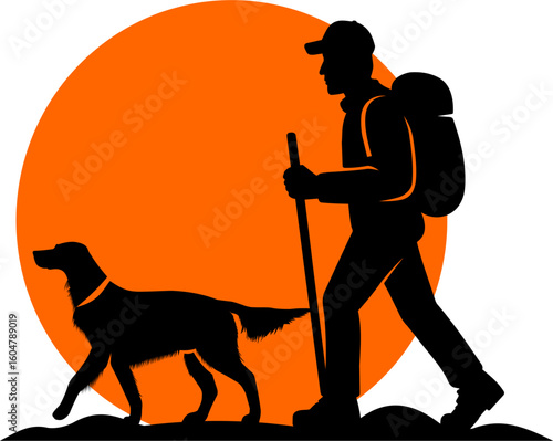 Silhouettes of Freedom. A hiker and his Irish Setter in silhouette, walking toward a glowing red sunset – a quiet symbol of freedom, loyalty, and the deep bond between man and nature.