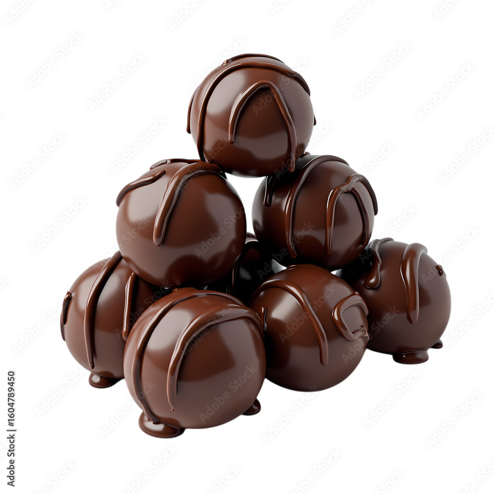 Obraz premium A pyramid stack of six dark chocolate covered truffles treat isolated on transparent background