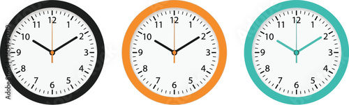 Three clocks in different colors: black, orange, and teal, showing the time at ten past two
