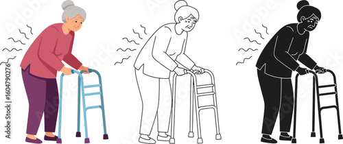 Elderly woman with back pain using walker illustration medical condition aid
