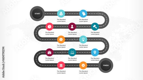 Highway roadmap with pins. Car road direction, gps route pin road trip navigation and roads business infographic vector illustration