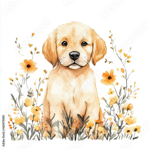 Watercolor Golden Retriever Puppy Amidst Yellow Floral Meadow Portrait Style