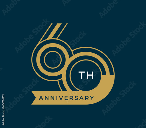 60 Years Anniversary with ribbon design vector illustration. Unique 60 years logo design template. In gold color