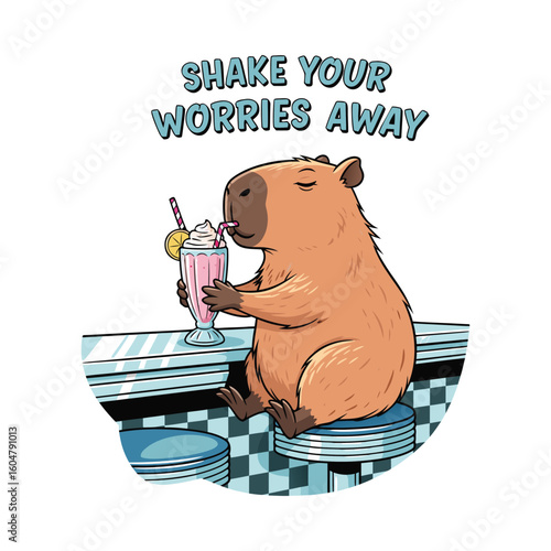 Capybara enjoying milkshake at diner, humorous vector illustration