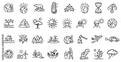 Global Warming and Climate Change Doodle Icon Set | Hand-drawn Environmental Vector Collection