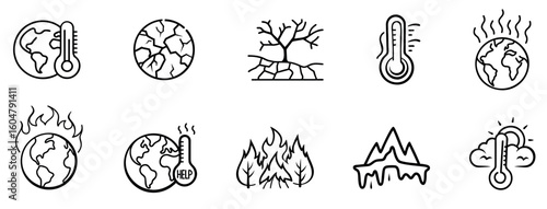 Global Warming Doodle Icons | Hot Earth & Temperature Sketch Vector