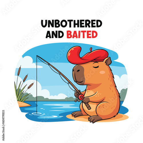 Capybara fishing with red hat cartoon, unbothered and baited, humorous illustration