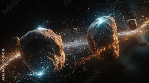 Celestial Dance of Celestial Bodies: Two enormous asteroids, bathed in cosmic light and nestled within the vastness of space. A captivating portrayal of interstellar beauty.