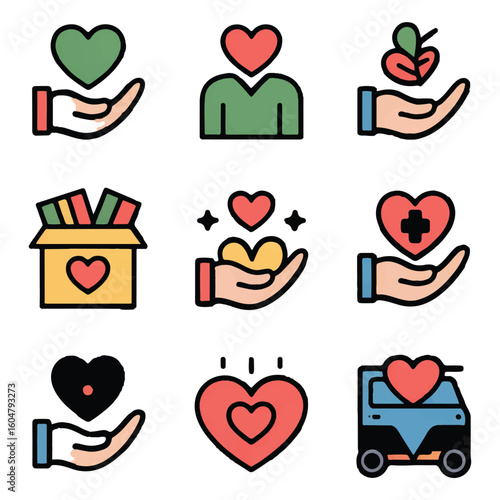 A collection of icons depicting hands offering hearts, symbolizing care and charitable acts