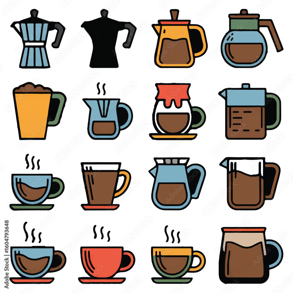 Obraz premium A collection of stylized coffee and tea cups, mugs, and pots, showcasing various brewing methods and drinkware